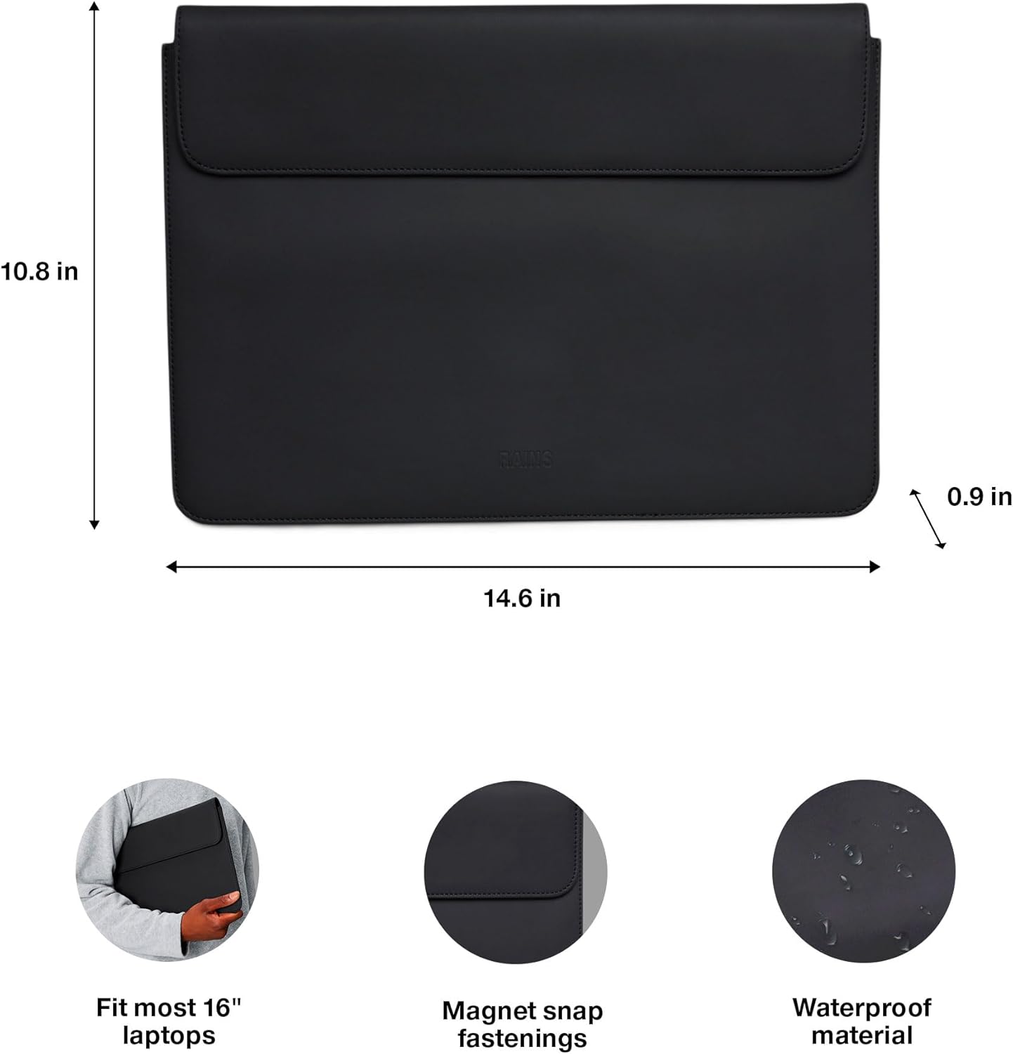 RAINS Laptop Portfolio 15"/16'' - Black Waterproof Protective Computer Case For Men And Women With Magnetic Flap Closure And Soft Lined Compartment - 2 Year Warranty 15-16 Inches