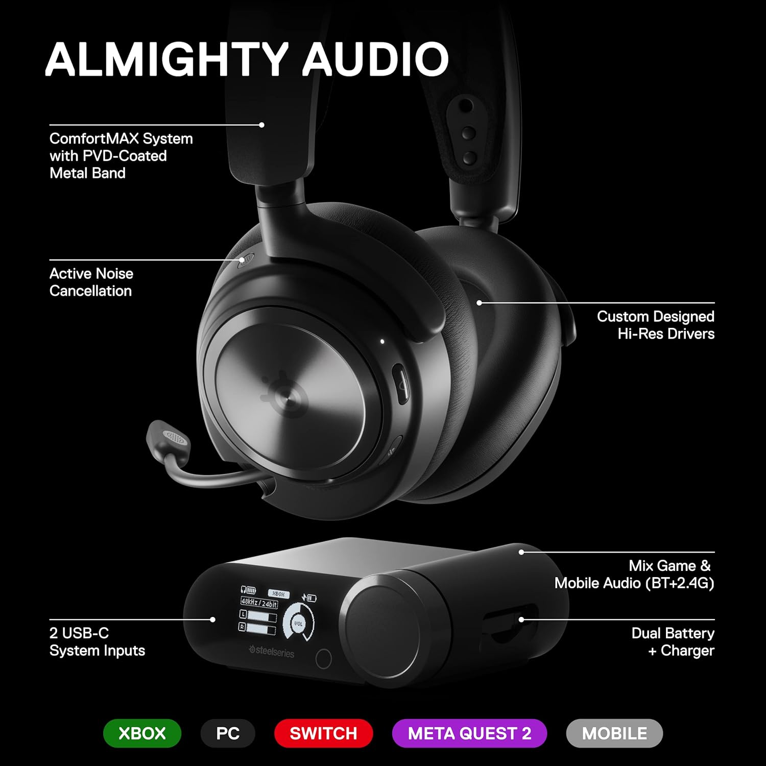 SteelSeries Arctis Nova Pro Wireless Xbox Multi-System Gaming Headset - Premium Hi-Fi Drivers - Active Noise Cancellation Infinity Power System - Stealth Mic - Xbox